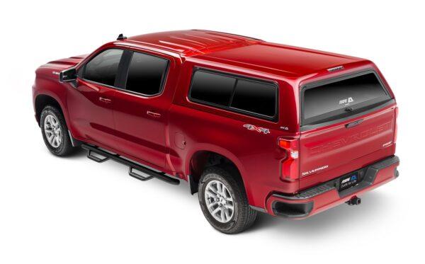 ARE CX CLASSIC SERIES TRUCK CAP ON CHEVROLET SILVERADO RED REAR QTR CLOSED
