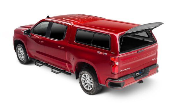 ARE CX CLASSIC SERIES TRUCK CAP ON CHEVROLET SILVERADO RED REAR QTR OPEN